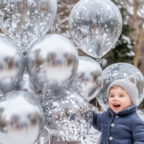 AULE Party Balloons Pack of 42 - Metallic Balloons & Confetti Balloons and 64ft Ribbons - 12 Inch Silver Balloons Decorati...