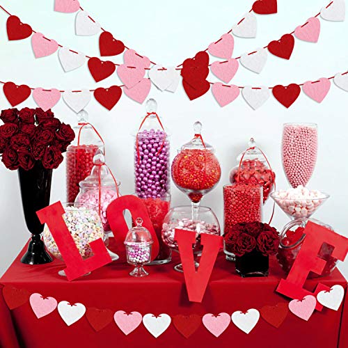 Felt Heart Garland Banner, Pre-Strung | Valentines Decorations | Red Pink White Valentines Banner | Anniversary Wedding Bi...