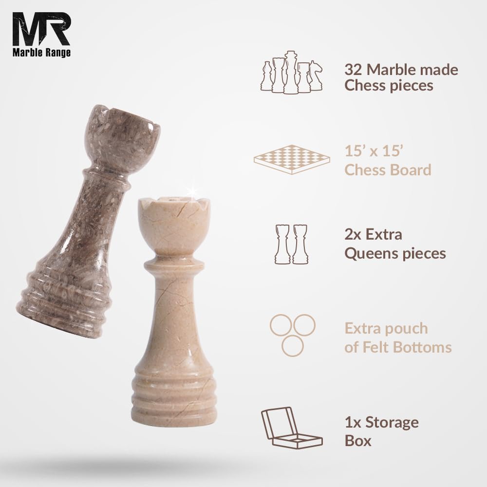 Marble Chess Set for Adults 15" Handmade Verona & Oceanic Board Game with 32 Chess Pieces, 2 Extra Queens & Storage Box, Luxury Travel Game – Elegant Home Décor