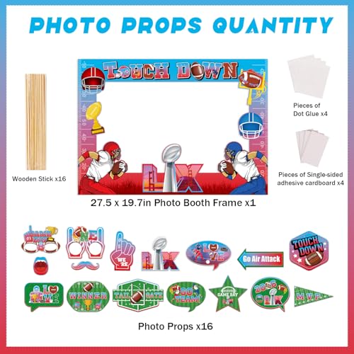 Super Football Party Decorations 2026 Photo Booth Props Set Include 1 Photo Booth Frame and 16 Photo Props Touch Down Supe...