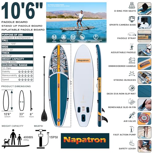 Napatron Inflatable Paddle Board, 10'6" Ultra Lightweight SUP with Adjustable Paddle, Anti-Slip Deck,Coiled Leash & Carry ...