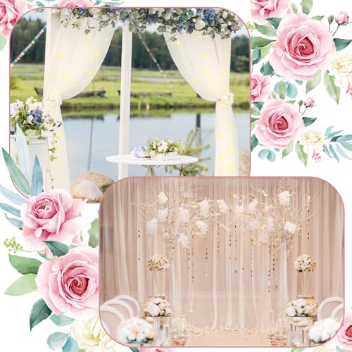 BBTO 2 Panels White Tulle Backdrop Curtain with Lights String for Parties Wedding Bridal Shower Sheer LED White Curtain Ba...