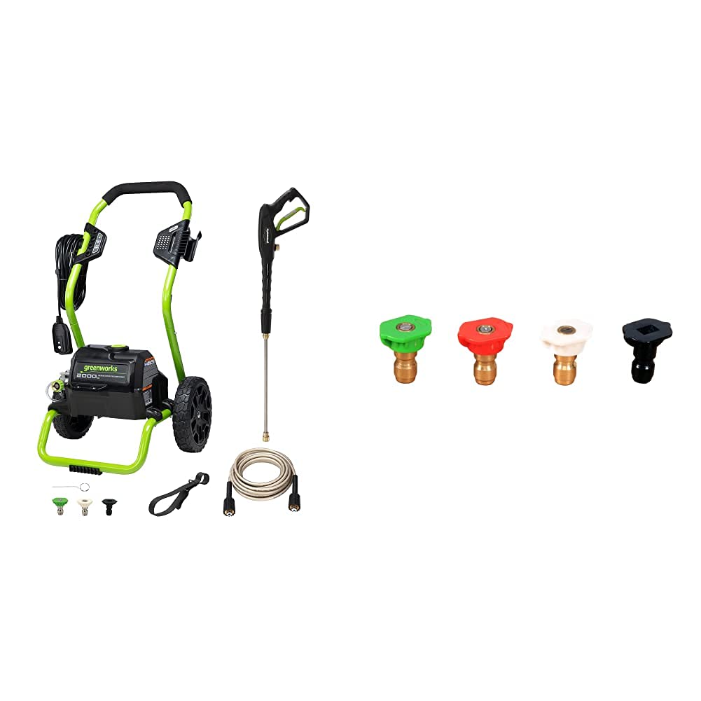 Greenworks 2000 Max PSI @ 1.1 GPM (13 Amp) Electric Pressure Washer GPW2000-1RG + Greenworks Universal Pressure Washer Nozzle Tips (4 Pack) 5201502