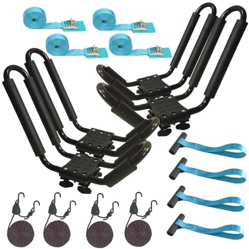 2 Pairs Heavy Duty Kayak Rack-Includes 4 Pcs Ratchet Tie-Mount on Car Roof Top Crossbar-Easy to Carry Kayak Canoe Boat Sur...