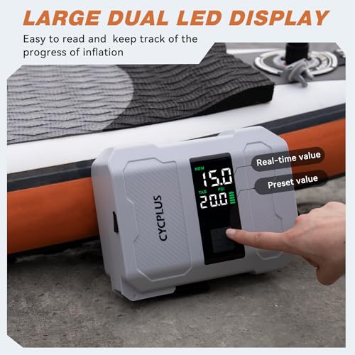 CYCPLUS 20PSI Rechargeable Paddleboard Pump - Intelligent Fast Dual-Stage Inflation, Deflation Function, Auto-Off &Dual LE...
