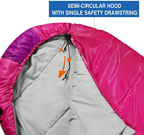 REDCAMP Kids Mummy Sleeping Bag for Camping, 3 Season Cold Weather Sleeping Bag Fit Boys,Girls & Teens, Blue/Rose Red