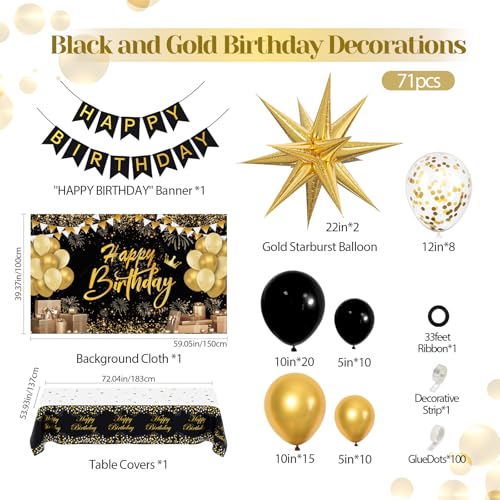 Black and Gold Birthday Decorations for Men Women, 71pcs Black and Gold Party Decorations with Backdrop, Tablecloth, Gold ...