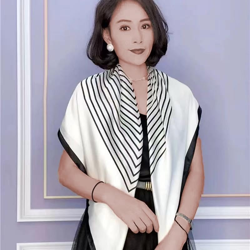 FairyCity Luxury Silk Square Scarf, Black and White Striped Pattern, Classic Geometric Design 35 inches