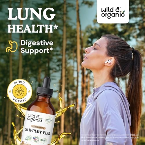 Wild & Organic Slippery Elm Liquid Drops - Lung, Digestive & Women's Support - Slippery Elm Bark Extract Tincture - Ulmus Rubra Supplement - Vegan, Sugar & Alcohol-Free - 4 fl oz