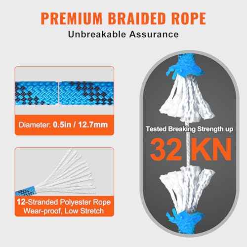 VEVOR 12.7mm Static Climbing Rope, 60.9M(200ft) Outdoor Rock Climbing Rope 30KN Breaking Tension, Fiber Rope for Escape, Rappelling, Fire Rescue, Blue