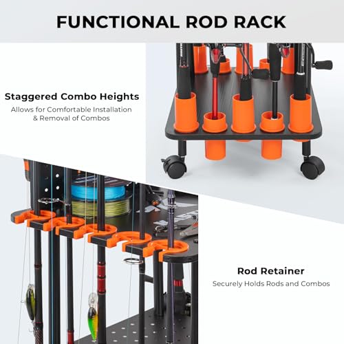 KastKing V10 Gear Trolley, Indoor Fishing Rod Holder for 10 Combos, 3-Tier Fishing Accessory Shelves With Peg Wall, Patent...