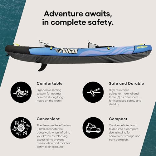 Pelican iESCAPE 110 Inflatable Convertible Kayak - Recreational Single or Tandem Kayak - Compact, Stable and Fun All in One - Transport Bag & Pump Included - 11 ft - Blue