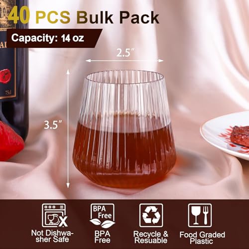 Lueumxc 40 Pack Plastic Ribbed Wine Glasses, 14Oz Origami Disposable Wine Glasses Unbreakable Clear Plastic Cocktail Glass...