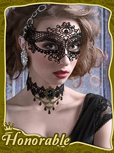 Boao Halloween Masquerade Costume Set for Women, Lace Masquerade Mask Gloves Gothic Choker Necklace Cosplay Accessories