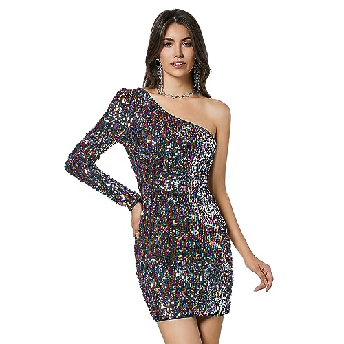 THANKPEARL Women's Sequin One Shoulder Dress Long Sleeve Sparkly Cocktail Club Tight Bodycon Christmas Dresses