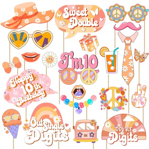 Boho Groovy 10th Birthday Photo Booth Props, 10th Birthday Decorations for Girl, Groovy Double Digits Birthday Party Decor...