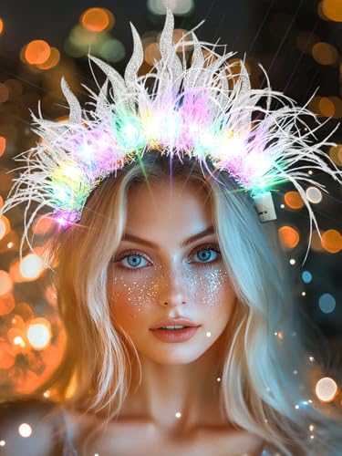 Campsis Light Up Headband White Feather Headpiece Festival Costume Led Hair Accessory Hair Accessories for Women
