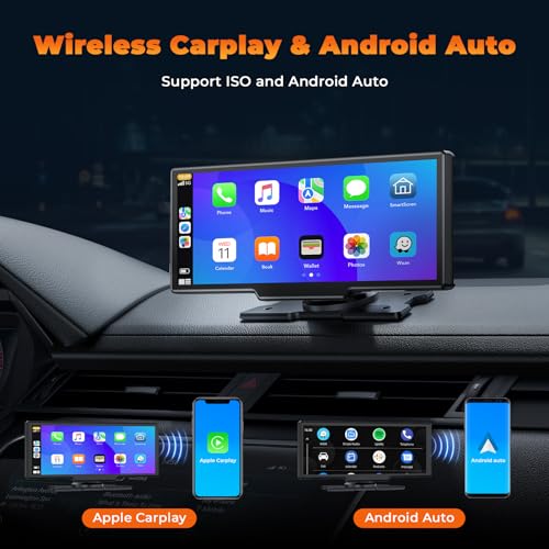 9.26 Inch Wireless Apple CarPlay and Android Auto Screen with Dash Cam 2.5K Front 1080P Rear Recording, Voice Control, GPS...