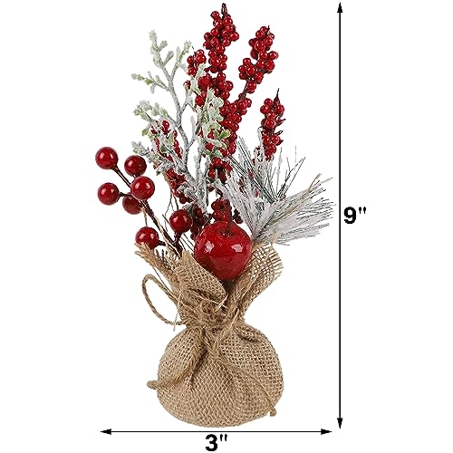 winemana 6 Pcs Mini Christmas Tree Table Decorations, 9" Small Artificial Trees with Red Berries Pine Cone Tabletop Center...