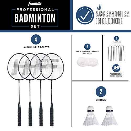 Franklin Sports Badminton Net Sets - Outdoor Backyard + Beach Badminton Net + Equipment Set - (4) Rackets + (2) Birdies + Portable Net Included - Adults + Kids Set