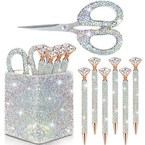 Qilery 8 Pcs Bling Desk Accessories Gift with 1 Bling Pen Holder 6 Pcs Crystal Rhinestone Pens 1 Crystal Scissors Glitter ...