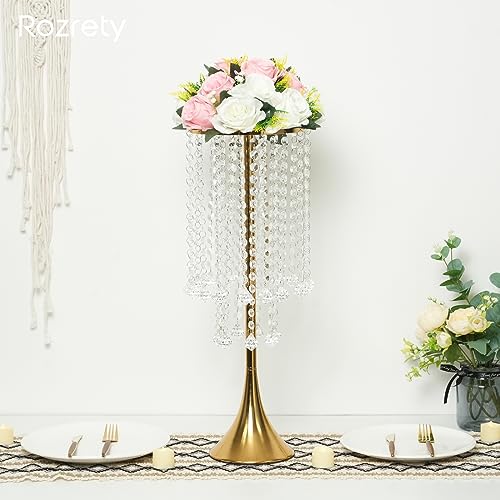 4 Pcs Gold Centerpieces for Table, Rozrety Wedding Centerpiece Vases for Tables 22inch Tall Metal Crystal Flower Stand for...