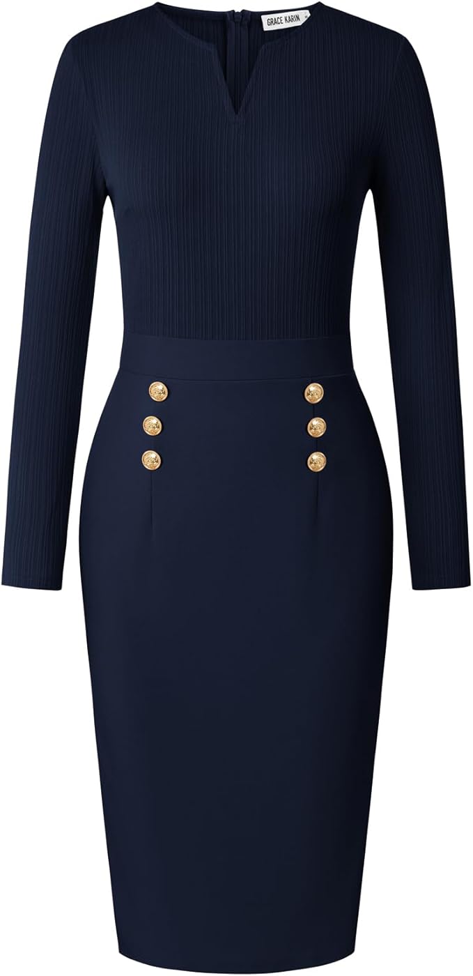 GRACE KARIN Women's 2026 Fall Henly V Neck Business Work Dress Long Sleeve Bodycon Midi Elegant Office Sheath Dress