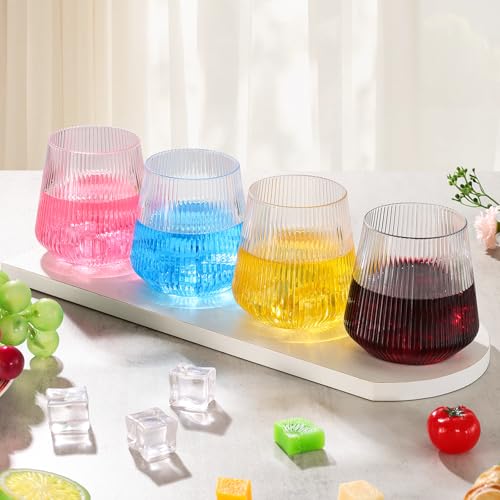 tchrules 40 Pack 12oz Plastic Stemless Wine Glasses, Clear Disposable Ribbed Cocktails Whiskey Glasses, Unbreakable Outdoo...