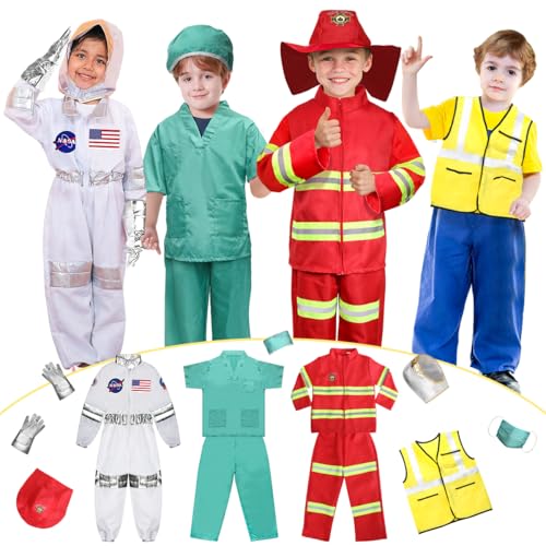 LOYO Kids Role Play Dress Up Clothes for 3-8 Years Old Play, 4 Sets Astronaut/Doctor/Fireman/Construction Costume for Kids...