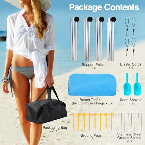 Rhino Valley Beach Tent Shade Canopy UPF50+ Protection, 8 Sandbags, 4 Stability Poles, Outdoor Sun Shelter Umbrella for Sa...
