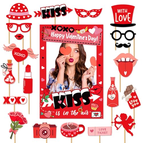 GARBODIY 21PCS Valentine's Day Party Photo Booth Props Kit - Funny Couple Handheld Frame & Selfie Decorations for Romantic...