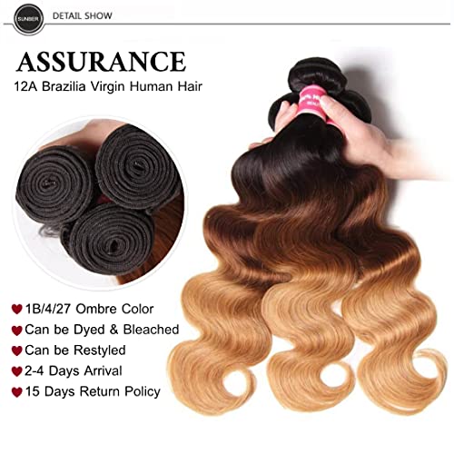 Sunber Ombre Brazilian Hair Bundles Body Wave 12A Grade Human Virgin Hair One Bundles 3 Tone 1B/4/27 Color Hair Extensions 22Inch T1B/4/27 Color