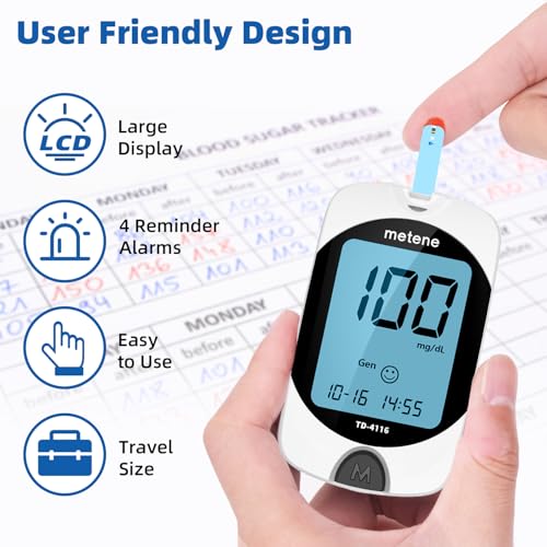 Metene TD-4116 Blood Glucose Monitor Kit, 100 Glucometer Strips, 100 Lancets, 1 Blood Sugar Monitor, Blood Sugar Test Kit ...