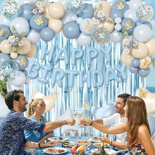 Blue Birthday Decorations, Dusty blue Sand White Confetti Foil Balloons Happy Birthday Banner Gold Butterfly Fringe Curtai...