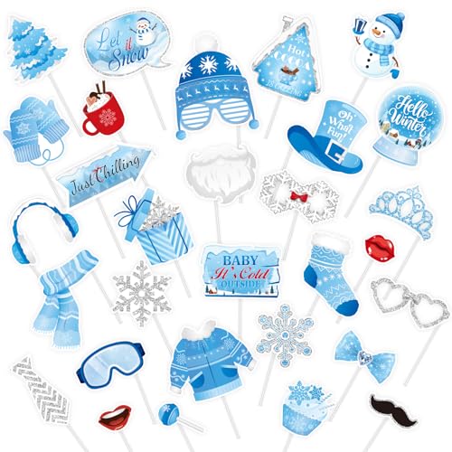KALEFO 30Pcs Hello Winter Photo Booth Props Winter Wonderland Party Decorations Snowflake Photo Booth Props Kit Wedding Ho...