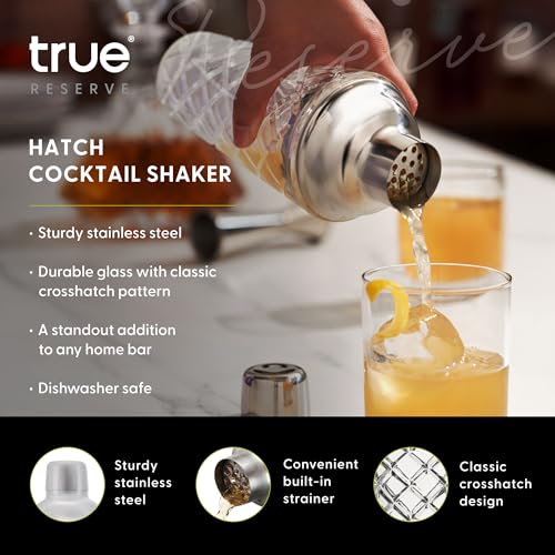 True Reserve Glass Cobbler Shaker, Elegant Cocktail Shaker for Margarita, Whiskey Sour, Espresso Martini, Mixed Drinks, Co...