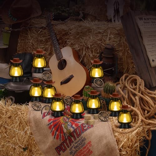 50 PCS Western Theme Party Centerpiece - Cowboy Decor with Mini Hay Bales, Cowboy Hat, Black Lantern, Horseshoe Wagon Whee...
