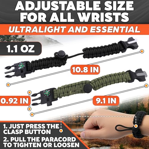 2Pack Survival Paracord Bracelet – 5-in-1 Adjustable Tactical Bracelet for Men with 10 ft Paracord, Flint Fire Starter, Co...