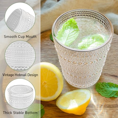 Vintage Hobnail Drinking Glasses Set of 12, 12 oz Highball Glasses & 10 oz Cocktail Glasses, Embossed Glass Cups, Clear Wa...