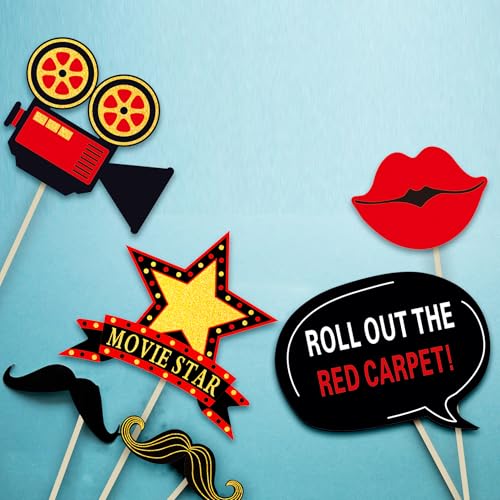 34pcs Hollywood Themed Movie Night Party Photo Booth Props, Hollywood Selfie Frame with Party Photo Props, Red Carpet Cuto...