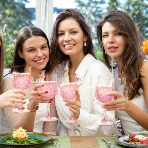 Dualshine 12 Pcs Pink Wine Glasses, Plastic Disposable Goblets Champagne Cups Drinking Glasses for Parties, Daily Home Us...