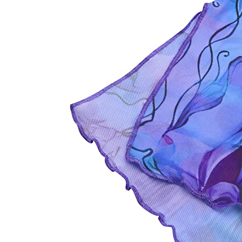 Women’s Floral Tie Dye Sheer Mesh Mini Dress Sexy Mock Neck Split Bodycon Flared Long Sleeve Beach Party Dress