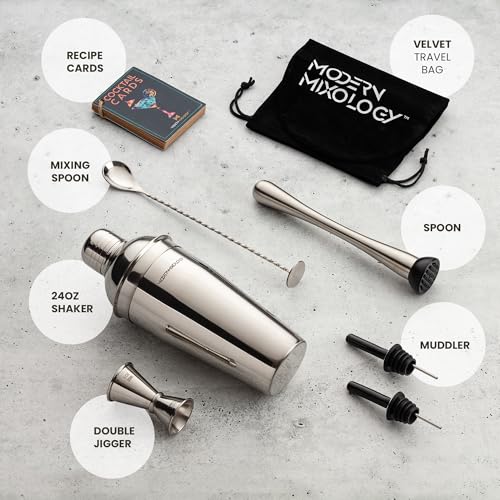 Modern Mixology 8-Piece Cocktail Shaker Set with Velvet Bag | Complete Cocktail Kit Gift Set | Top Bartender Gifts for Men...