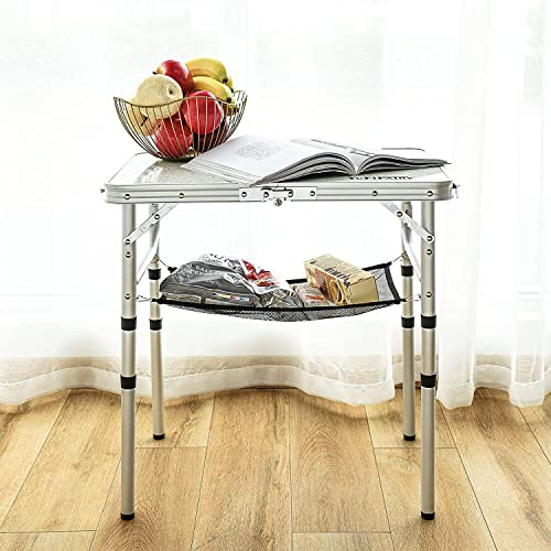 Small Folding Table 2 Foot, Portable Camping Table with Mesh Holders,Lightweight Aluminum Adjustable Height, with Carry Ha...