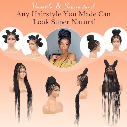 360¡Æ HD Full Lace Knotless Braided Wigs for Women Box Braid Wig with Baby Hair Braided Lace Front Wigs Premium Synthetic Braid Wig Long Black 36"