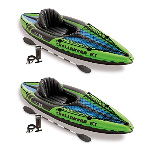 Intex Challenger K1 1 Person Durable Vinyl Streamline Sporty Kayak with Inflatable Seat and Backrest, Oar, Pump, Carrying ...