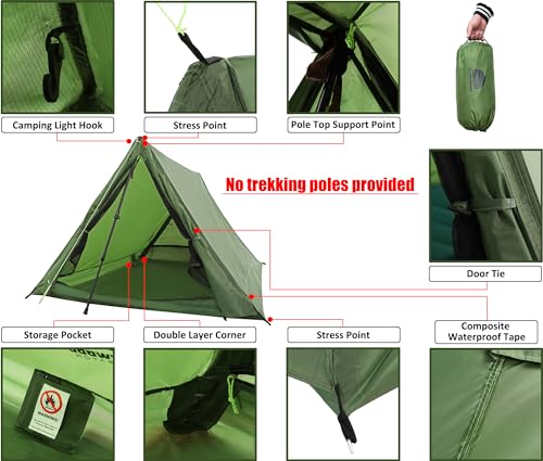 2-Person Trekking Pole Tent for Backpacking - Ultralight A-Frame Backpacking Tent, Two Person Waterproof Hiking Tent for C...