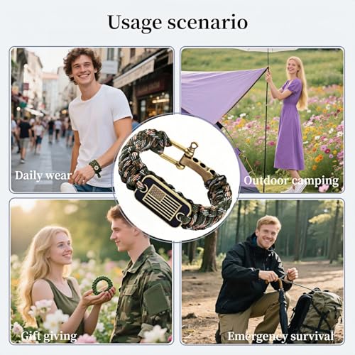 Patriotic Paracord Survival Bracelet for Men - Bronze US Flag Pendant Tactical Gear with Multi-Tool Functions, Adjustable ...