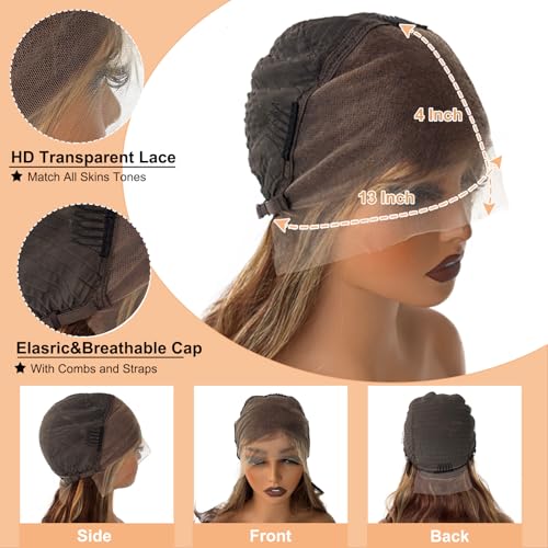 OiMiGO Lace Front Wig Human Hair 13x4 Highlight HD Transparent Lace Frontal Wigs Remy Human Hair High Density 4/27 10A Unprocessed Wigs with Natural Hairline for Women 26Inch