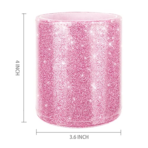 WAVEYU Glitter Pen Holder for Desk, Cute Pencil Cup Pink for Women Girls, Luxury Makeup Brush Holder Large Pu Leather Mult...